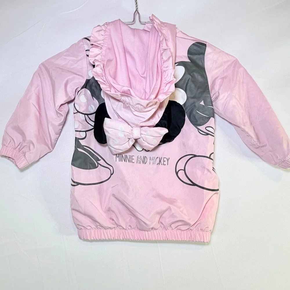 Disney Minnie Mickey Mouse Pink Hooded Windbreaker Jacket with Ears and Bow Kids